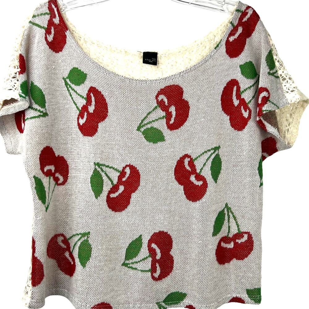 Red Cherry's Novelty Top Print Open-Knit Cap Sleeves Shirt Made in USA Size S